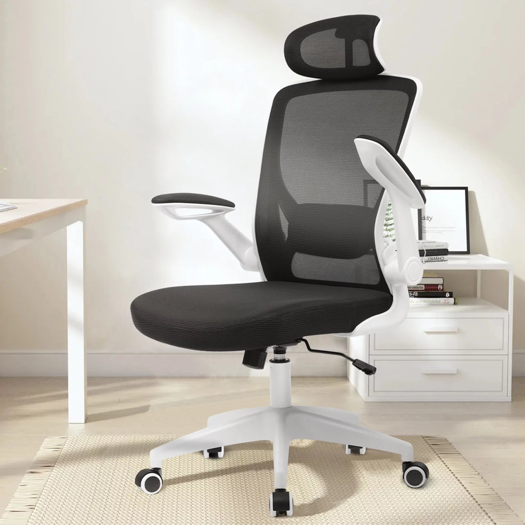 White Ergonomic Office Chair with Headrest and Flip-up Arms Y11703