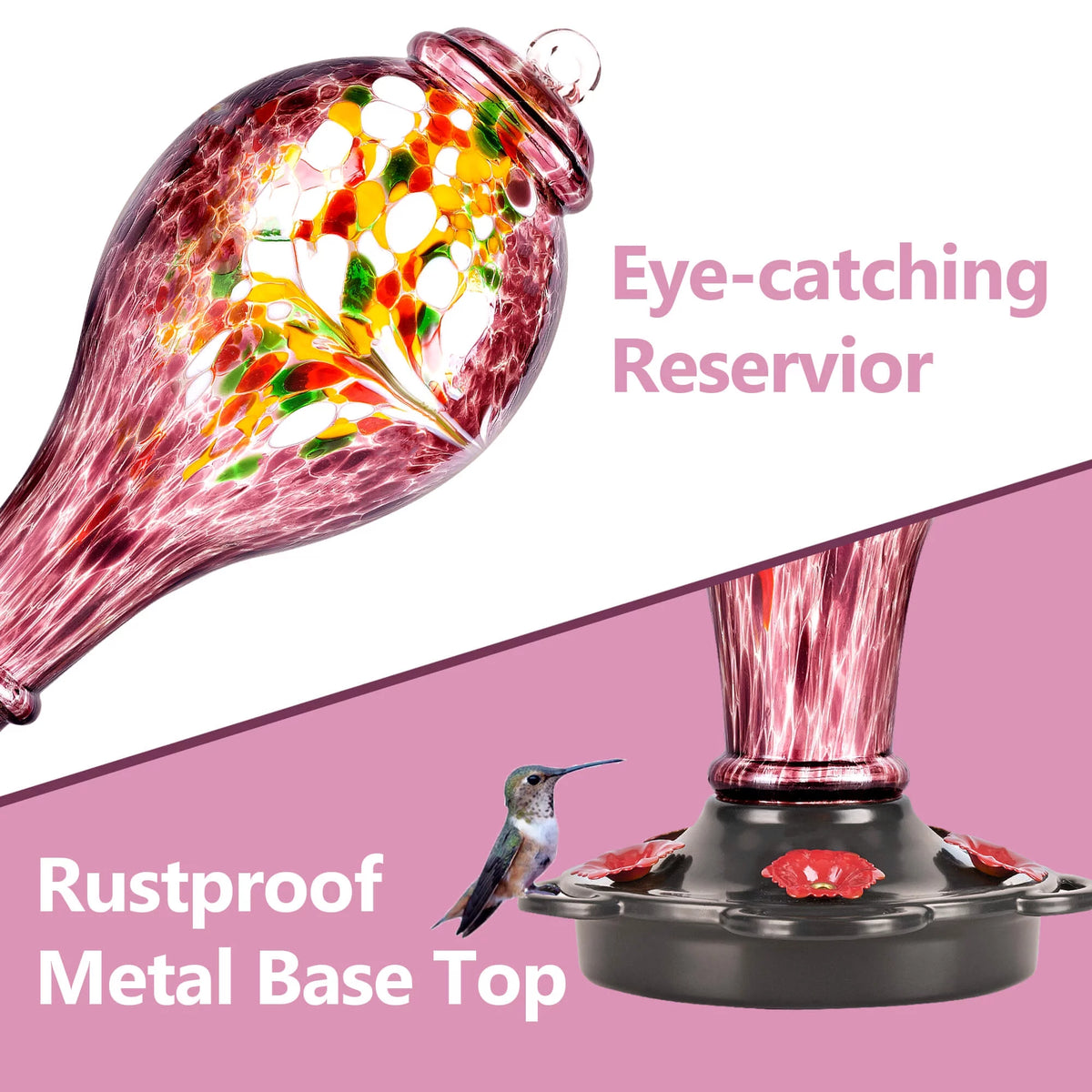 Hand Blown Glass Hummingbird Feeder with Ant Guard, 36 fl.oz, 5 Feeding Ports H716