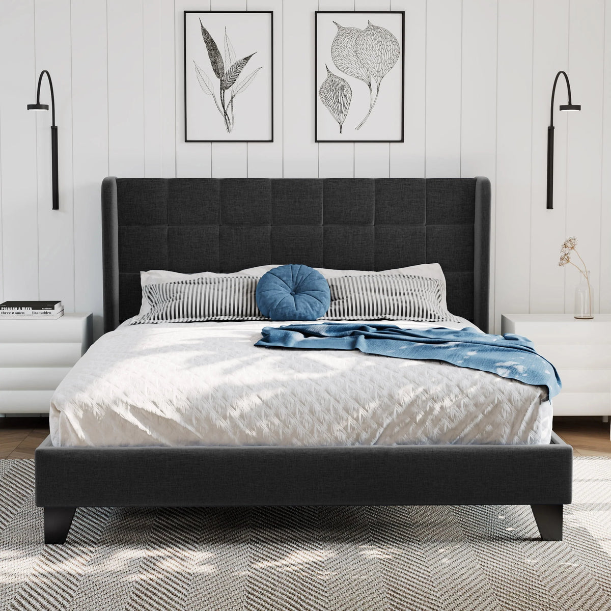 Queen Size Dark Grey Platform Bed with Wingback Headboard B49270