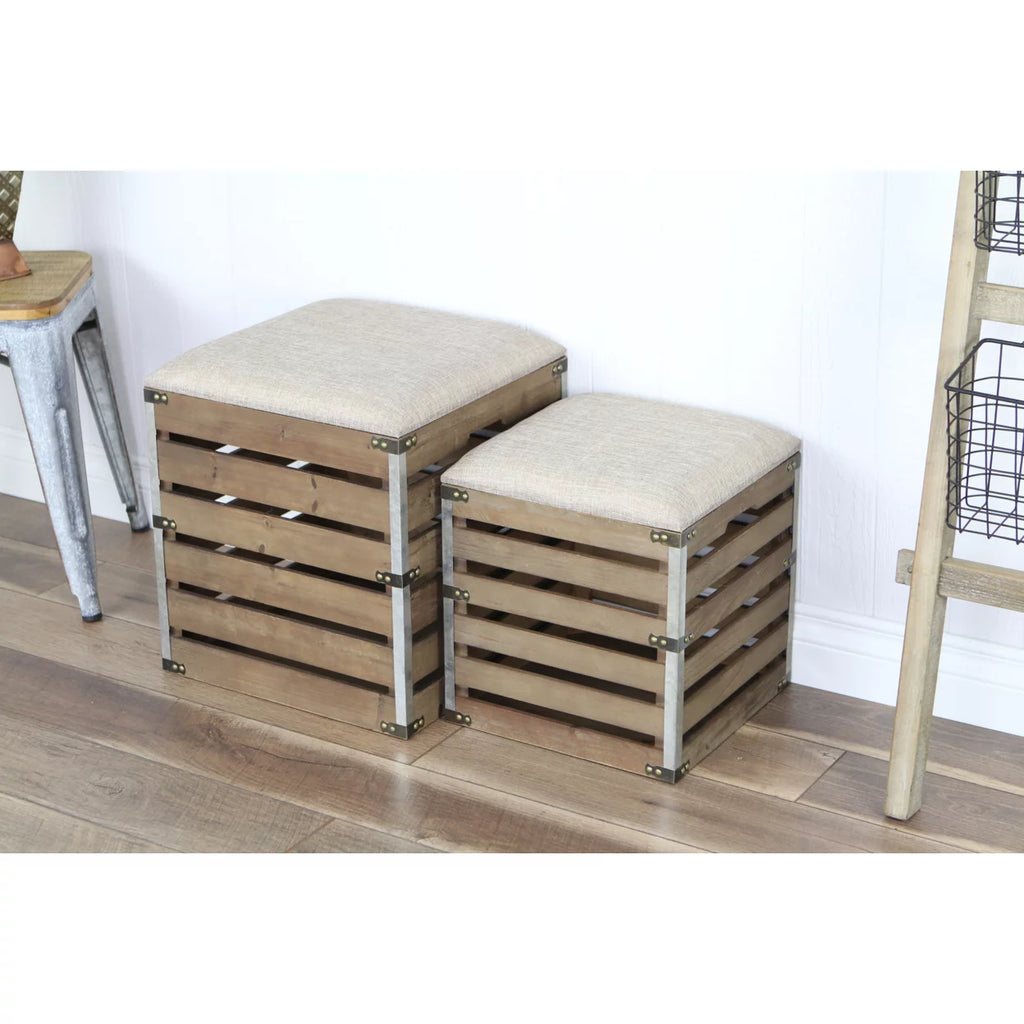 Wood Slat Storage Bench with Cushioned Lid Set Of 2 E58745