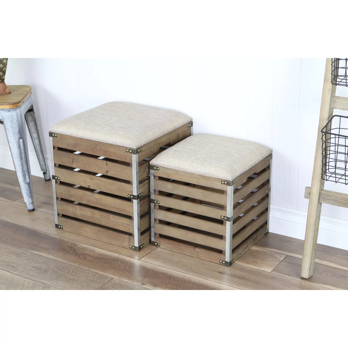 Wood Slat Storage Bench with Cushioned Lid Set Of 2 E58745