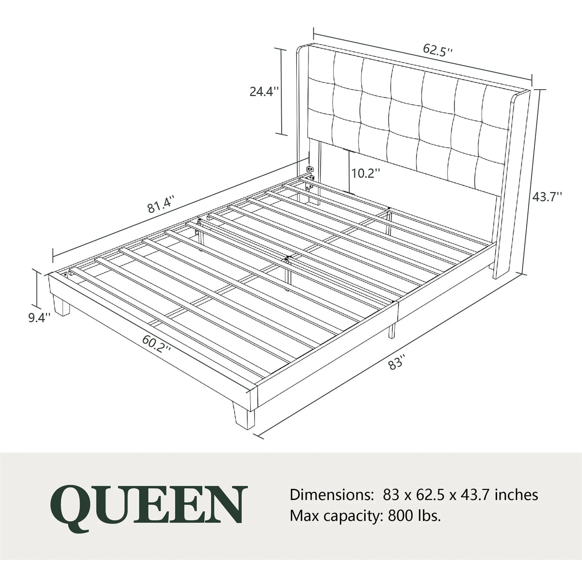 Queen Size Dark Grey Platform Bed with Wingback Headboard B49270
