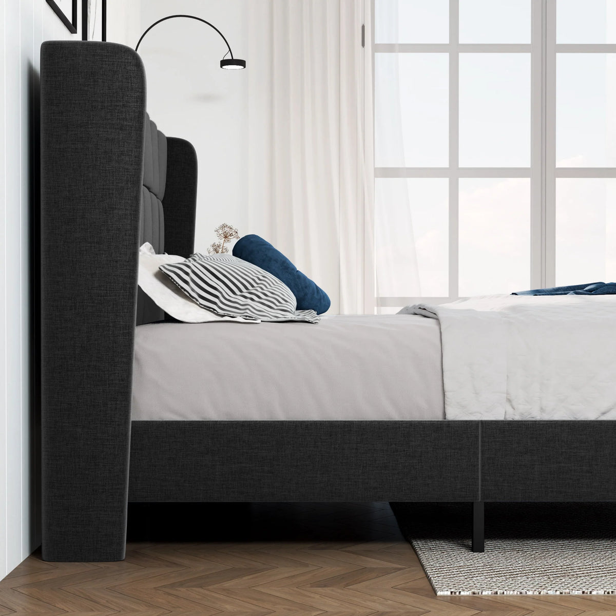 Queen Size Dark Grey Platform Bed with Wingback Headboard B49270