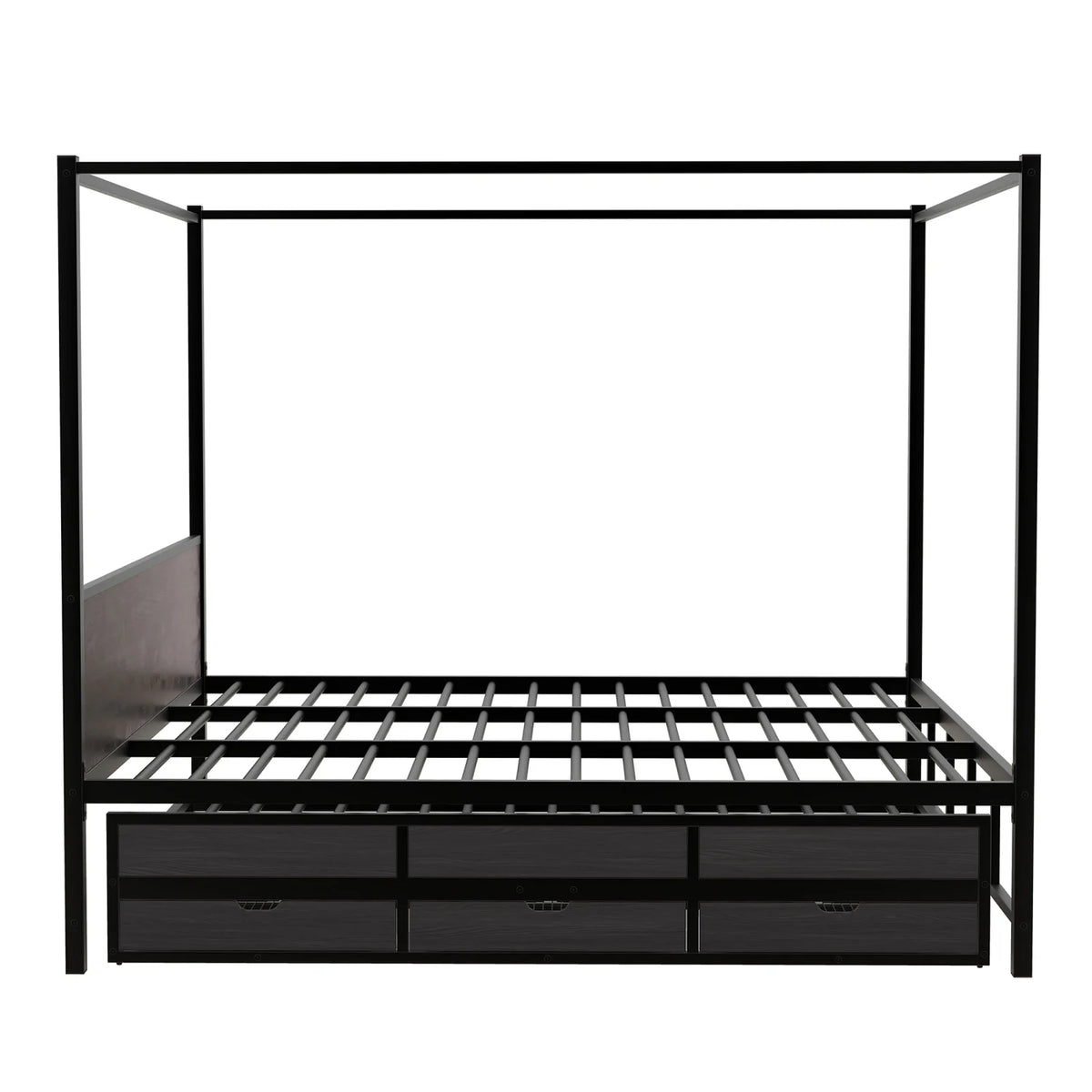 Queen Size Black Metal Canopy Platform Bed with Trundle and 3 Storage Drawers T43864