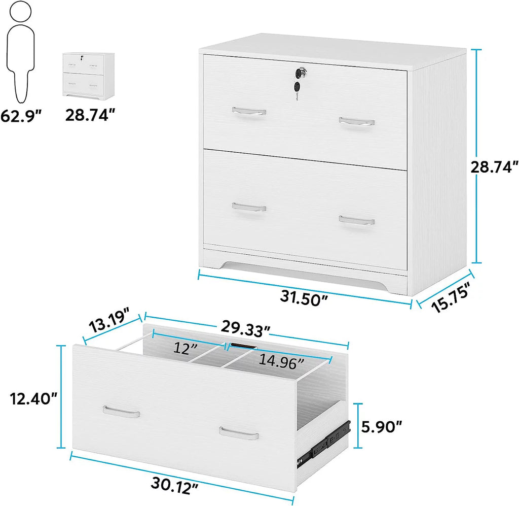 White 2 Drawer Lateral Filing Cabinet with Lock B647853