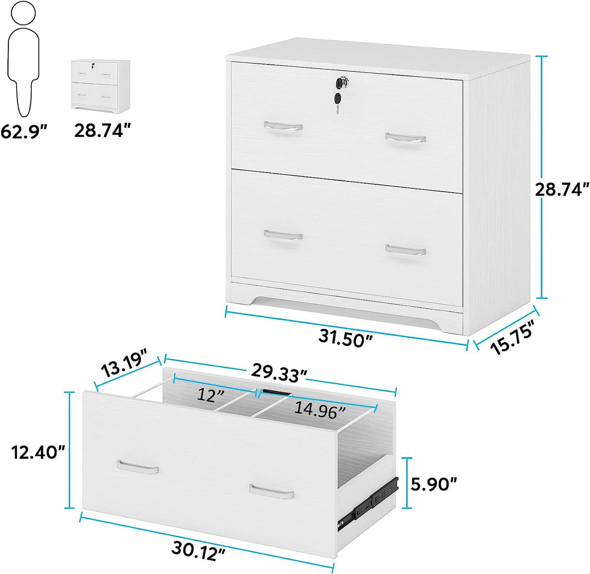 White 2 Drawer Lateral Filing Cabinet with Lock B647853