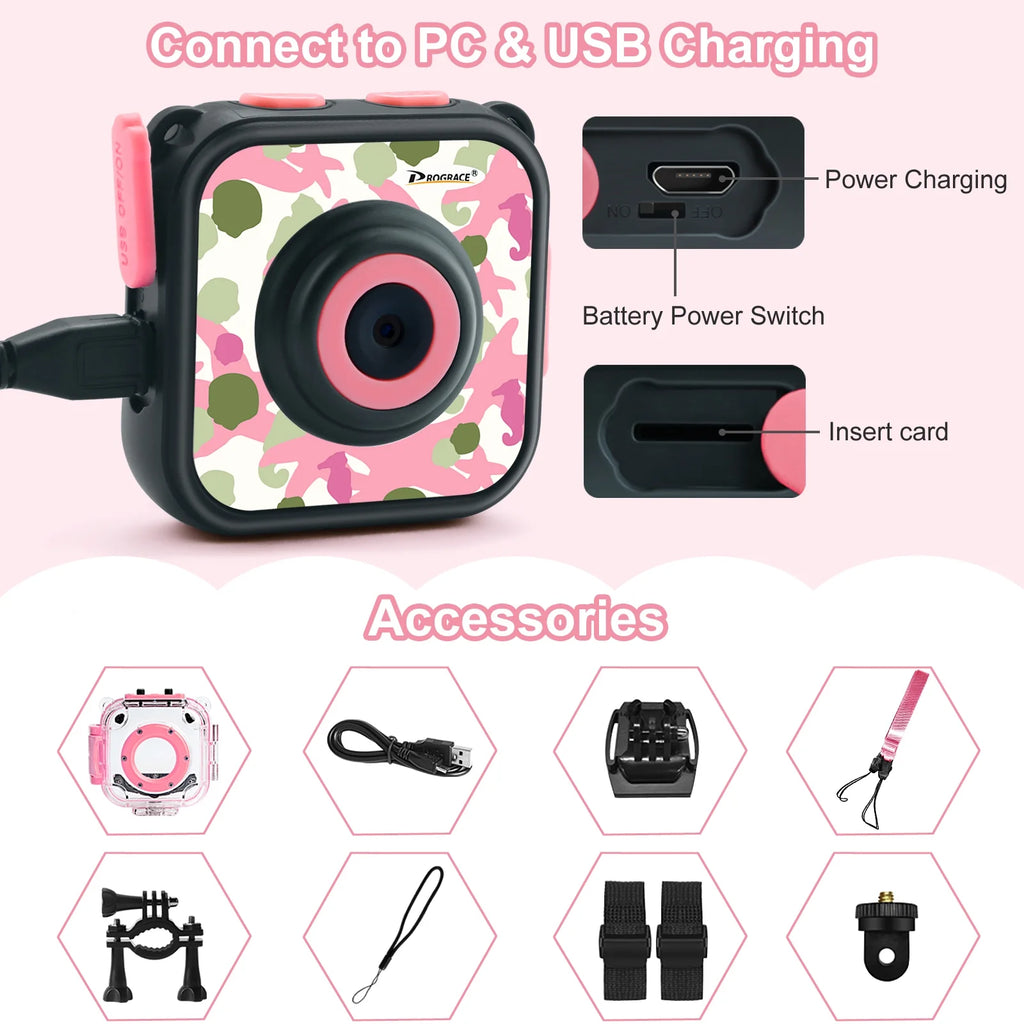Pink Kids Waterproof Digital Camera 1080P Z9872