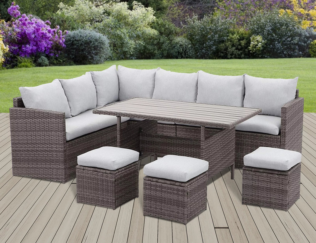7 Pcs Beige PE Wicker Sectional Sofa Set with Dining Table Z949