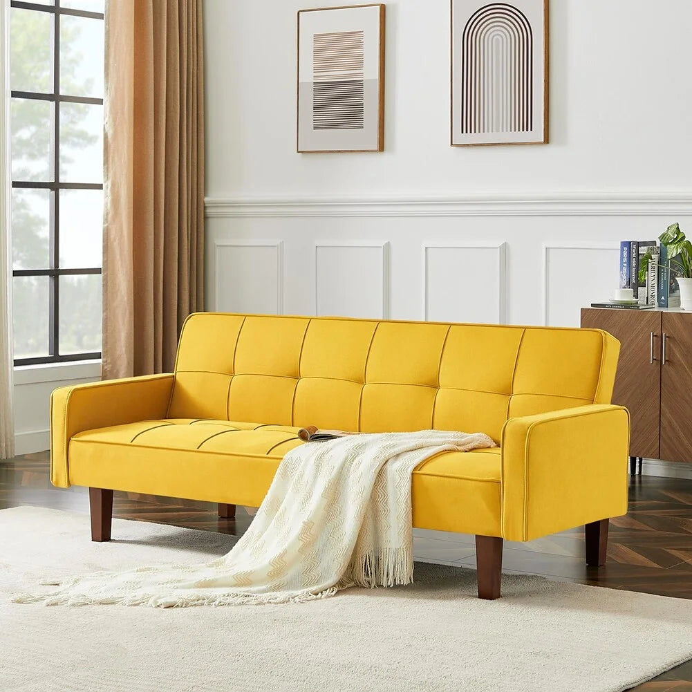 Yellow Linen Upholstered Sofa Bed with Solid Wood Feet Y32095