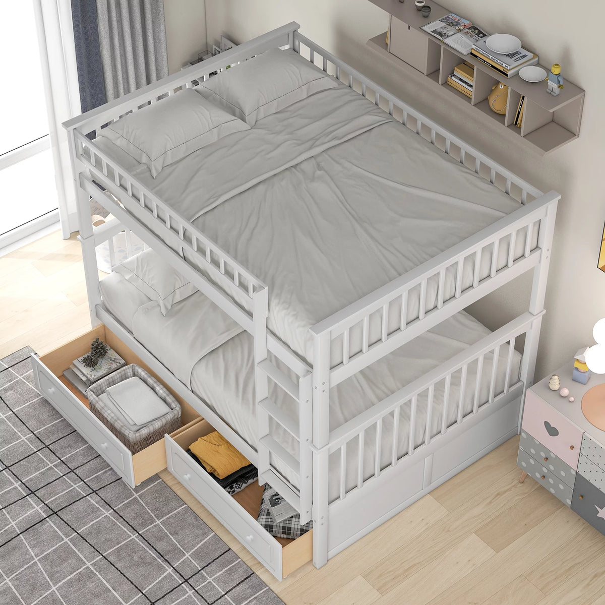 Pine Wood Full-Over-Full Bunk Bed with Storage H437