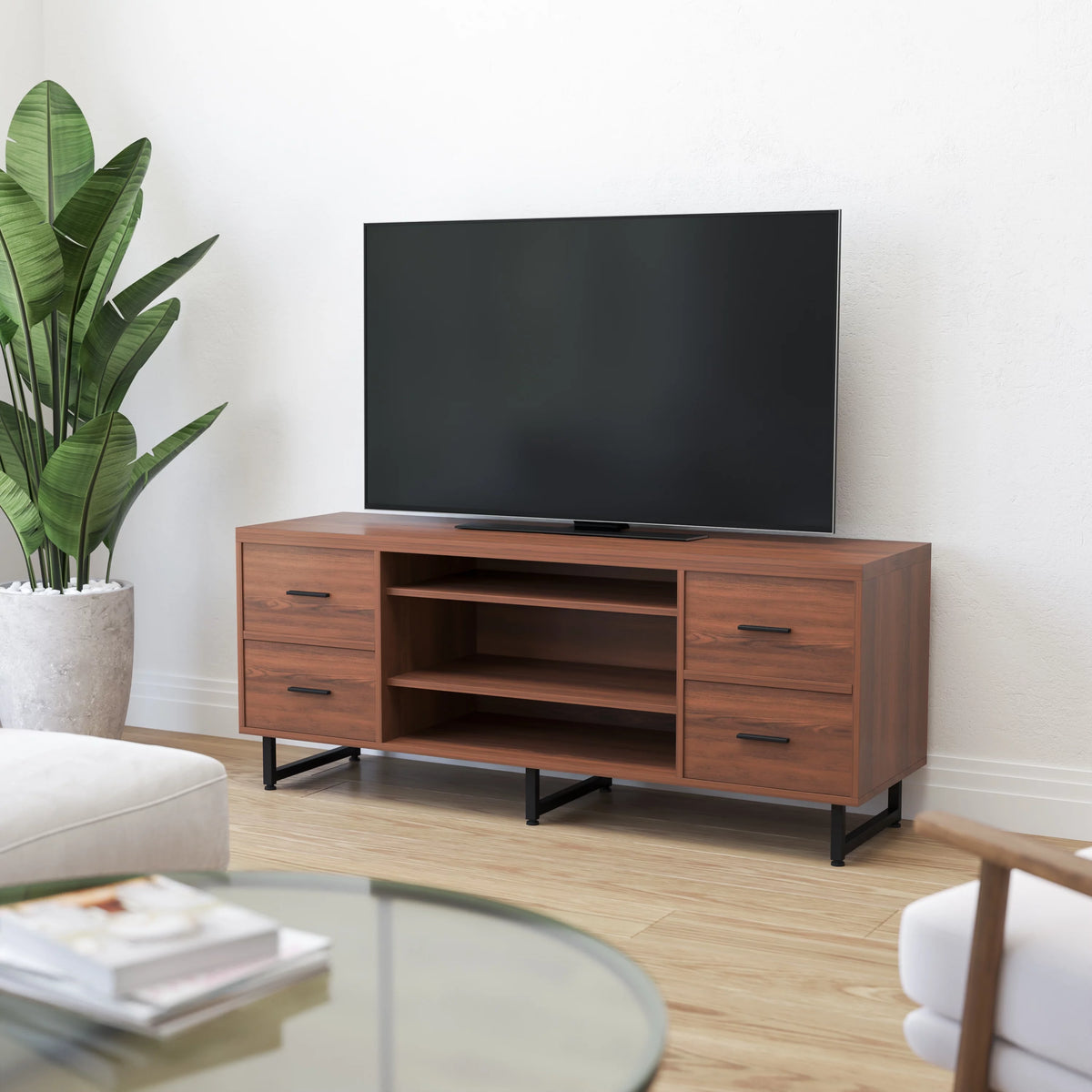 Rustic Wood Grain Three Shelf Four Drawer TV Stand with Metal Legs T9517