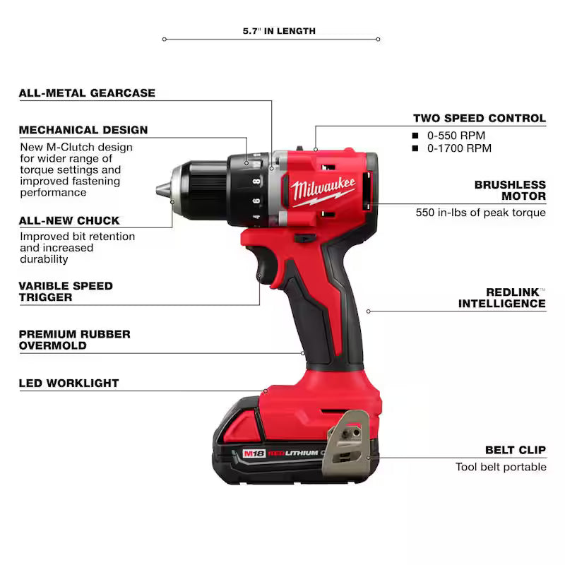 18V Lithium-Ion Brushless Cordless Compact Drill/Driver with Battery, Charger & Bag Q32954