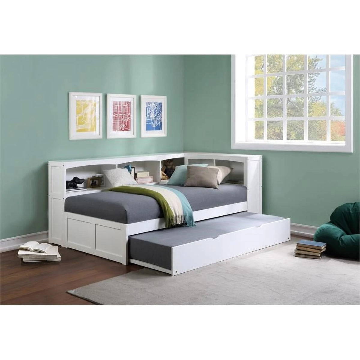 White 5-Shelf Wood Twin Corner Bed P786480