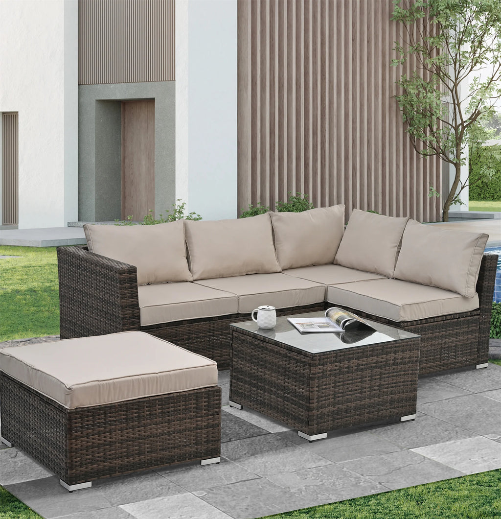 4 Piece All Weather Wicker Rattan Patio Sofa Set with Cushion and Glass Table L467078