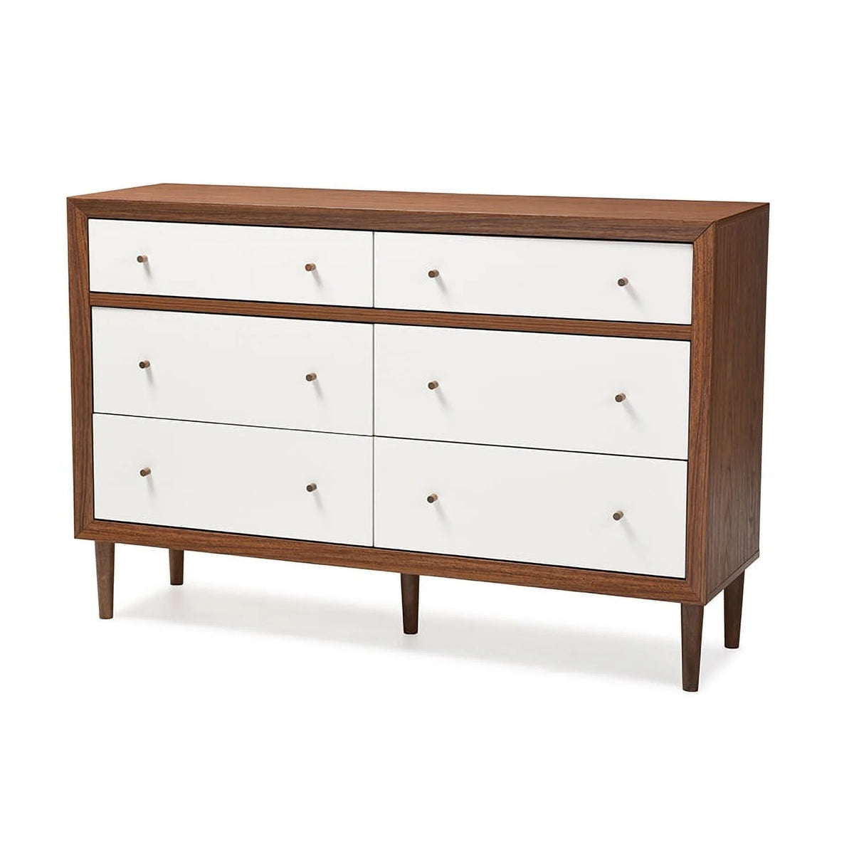 White and Walnut Wood 6-drawer Storage Dresser O2069