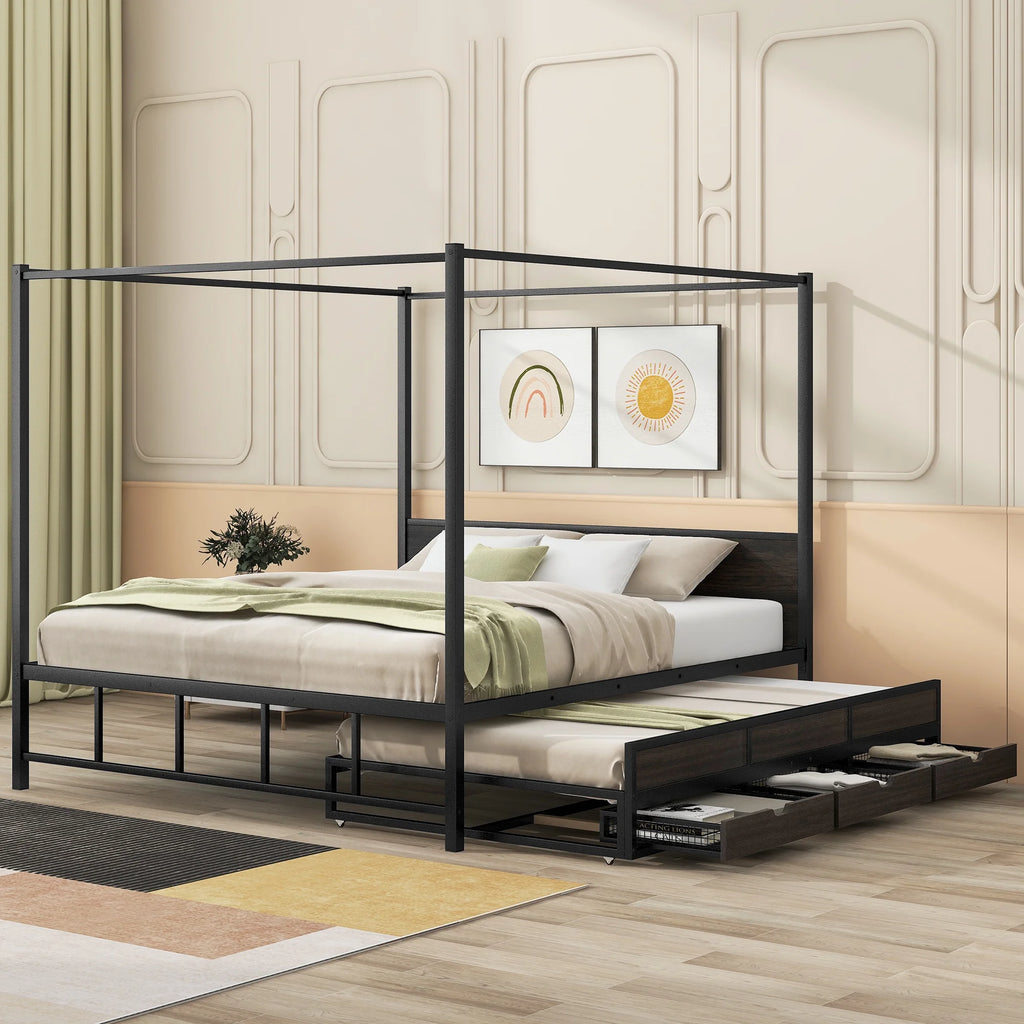 Queen Size Black Metal Canopy Platform Bed with Trundle and 3 Storage Drawers T43864
