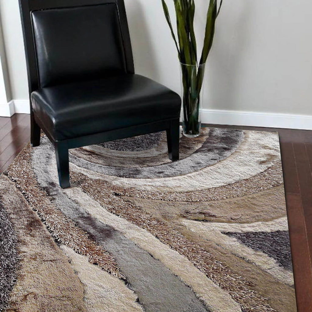 Golden Brown Gray Silver Shag 5'x7' Area Rug I2917