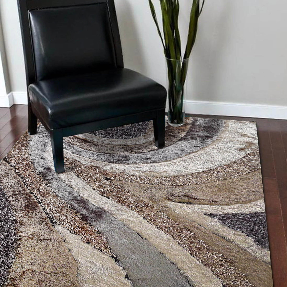 Golden Brown Gray Silver Shag 5'x7' Area Rug I2917