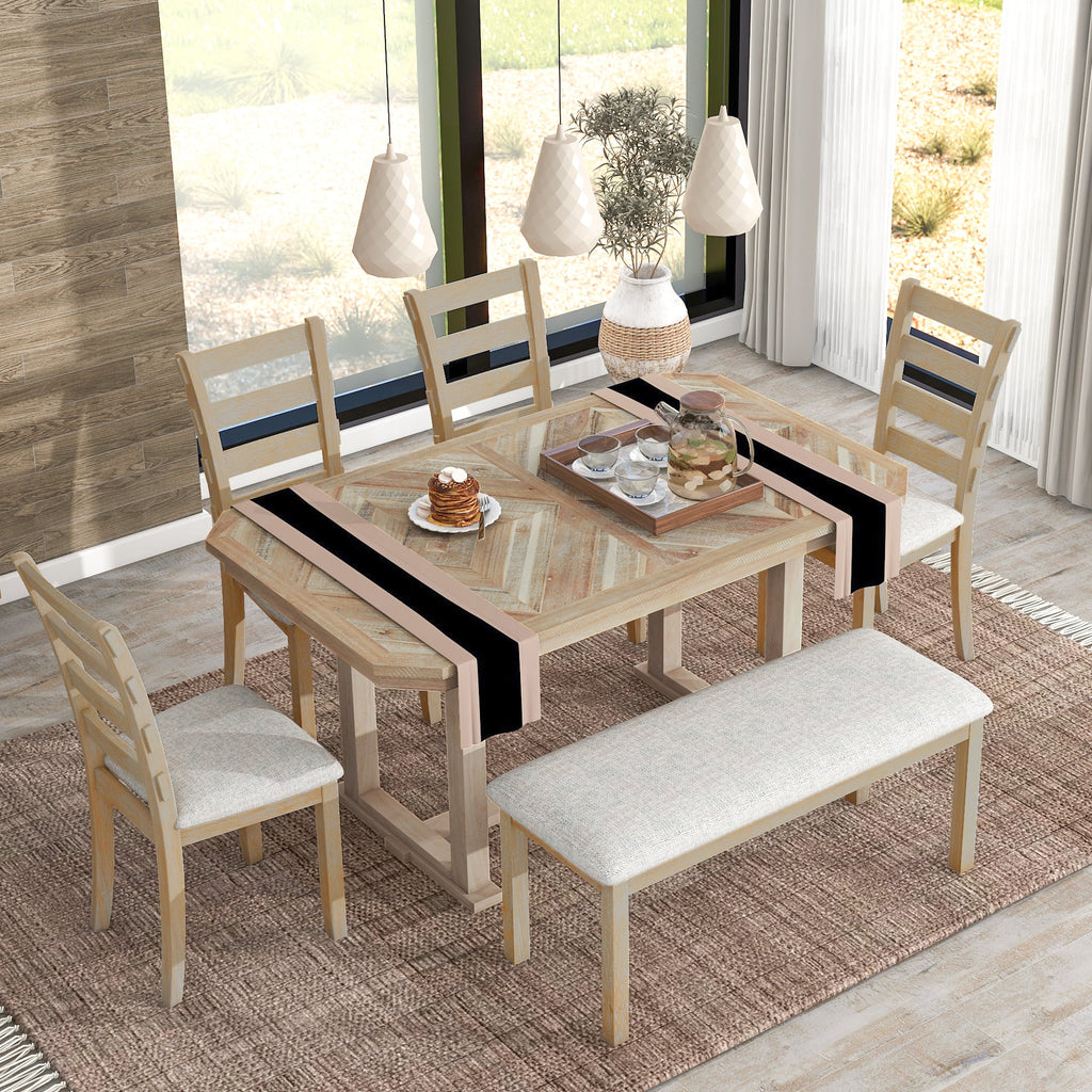 6 Piece Wood Dining Table Set with Bench and 4 Cushioned Chairs X23370