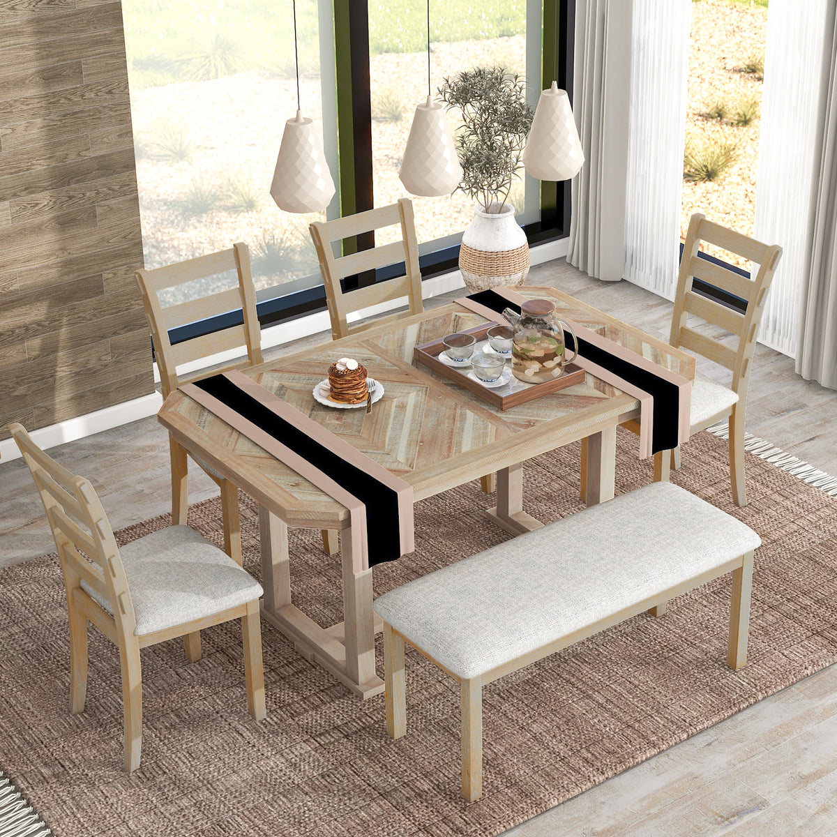 6 Piece Wood Dining Table Set with Bench and 4 Cushioned Chairs X23370