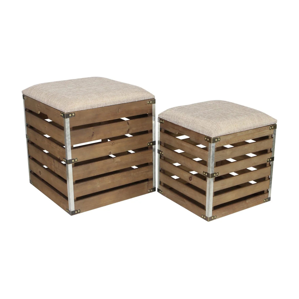Wood Slat Storage Bench with Cushioned Lid Set Of 2 E58745