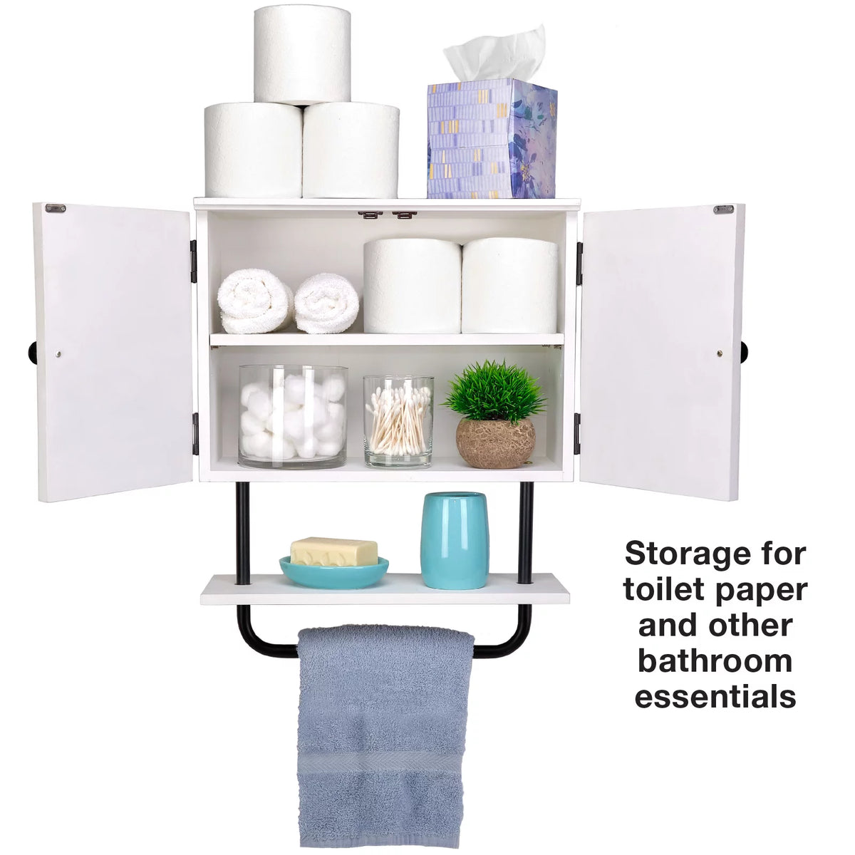 White Bathroom Wall Cabinet with Adjustable Shelf and Towel Bar D5310