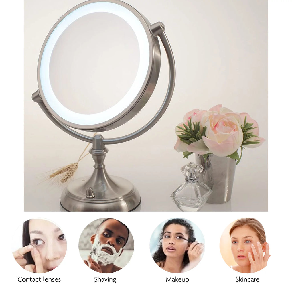 Lighted Makeup Mirror 9.5 Inch 1X 5X Magnifier Dimmable 360 Degree Double Sided LED Acrylic Edge Battery USB Powered Vanity U167052