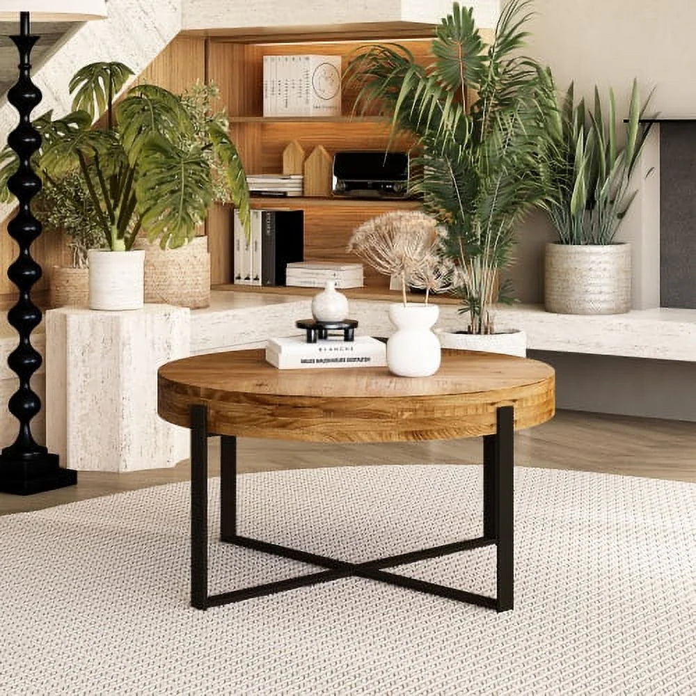 Round Coffee Table with Black Cross Legs Base U740732