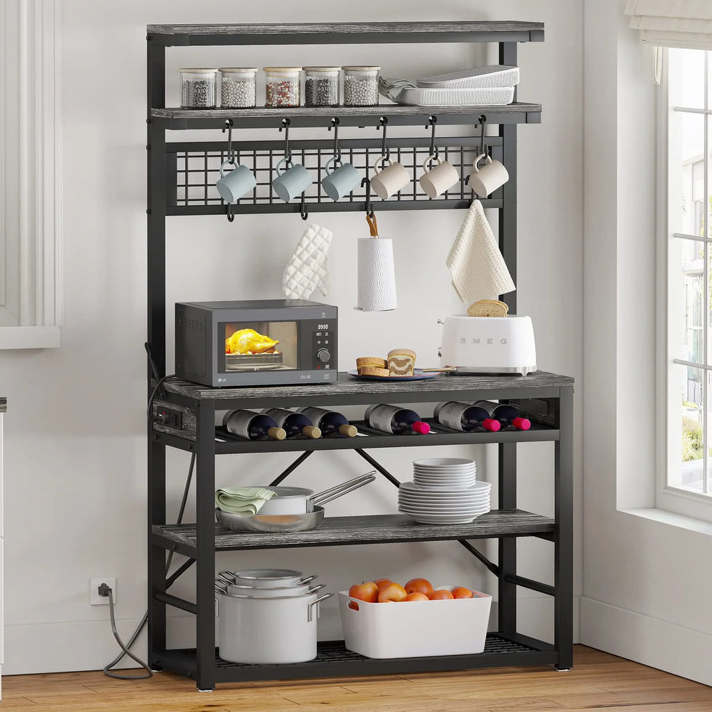 6-Tier Grey Bakers Rack with Power Outlet O52458