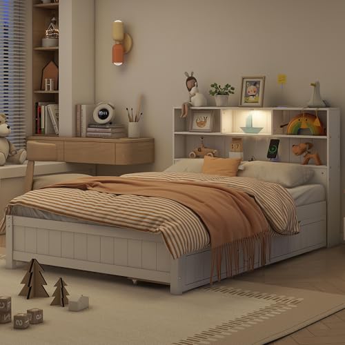 White Twin Size Platform Bed with Bookcase Headboard and 2 Storage Drawers Q7507