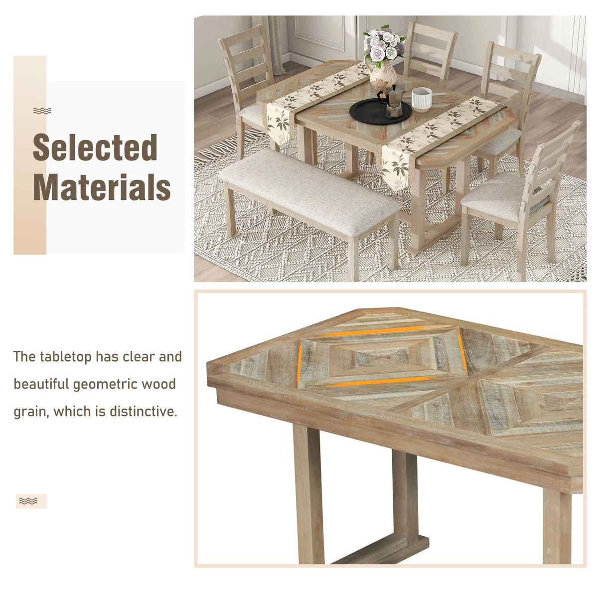 6 Piece Wood Dining Table Set with Bench and 4 Cushioned Chairs X23370