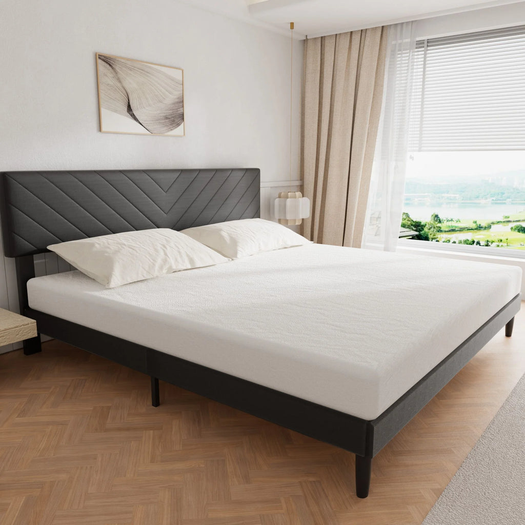 King Size Upholstered Platform Bed Frame with Adjustable Headboard and Wood Slats J78612