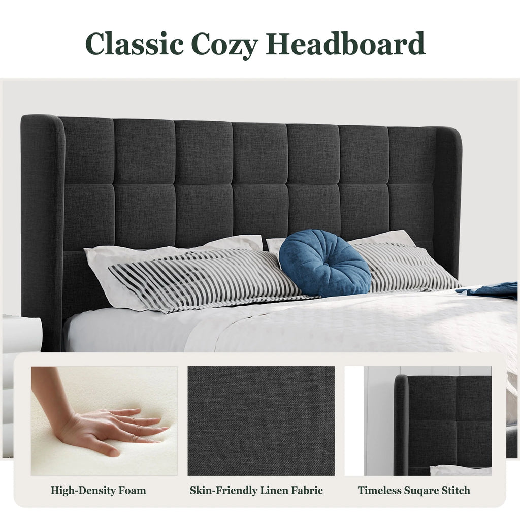 Queen Size Dark Grey Platform Bed with Wingback Headboard B49270