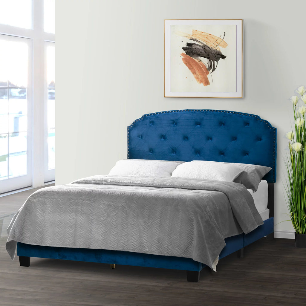 Queen Bed with Button Tufting and Nail Head Trim in Blue D81154