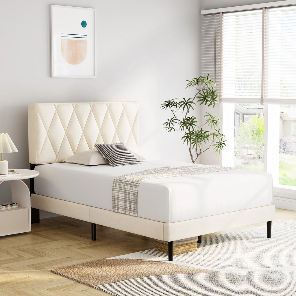 Queen Size Platform Bed with Upholstered Headboard Y873