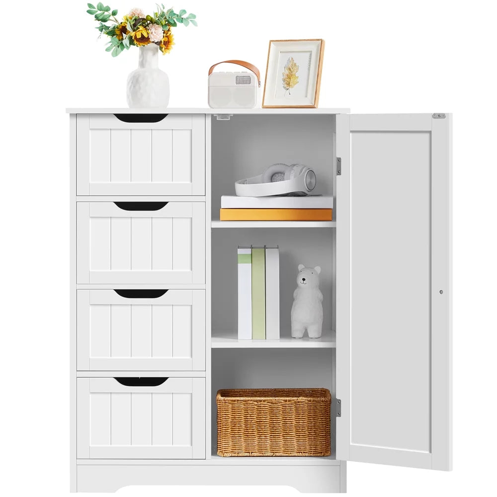 White Wooden Bathroom Floor Cabinet with Drawers and Cupboard J1903
