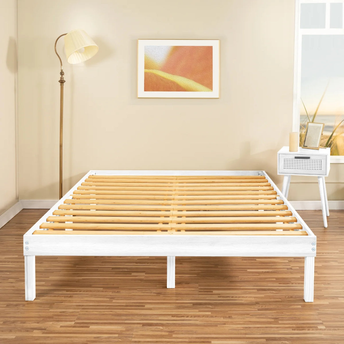14 Inch King Solid Wood Platform Bed Frame with Wooden Slats, White G80782