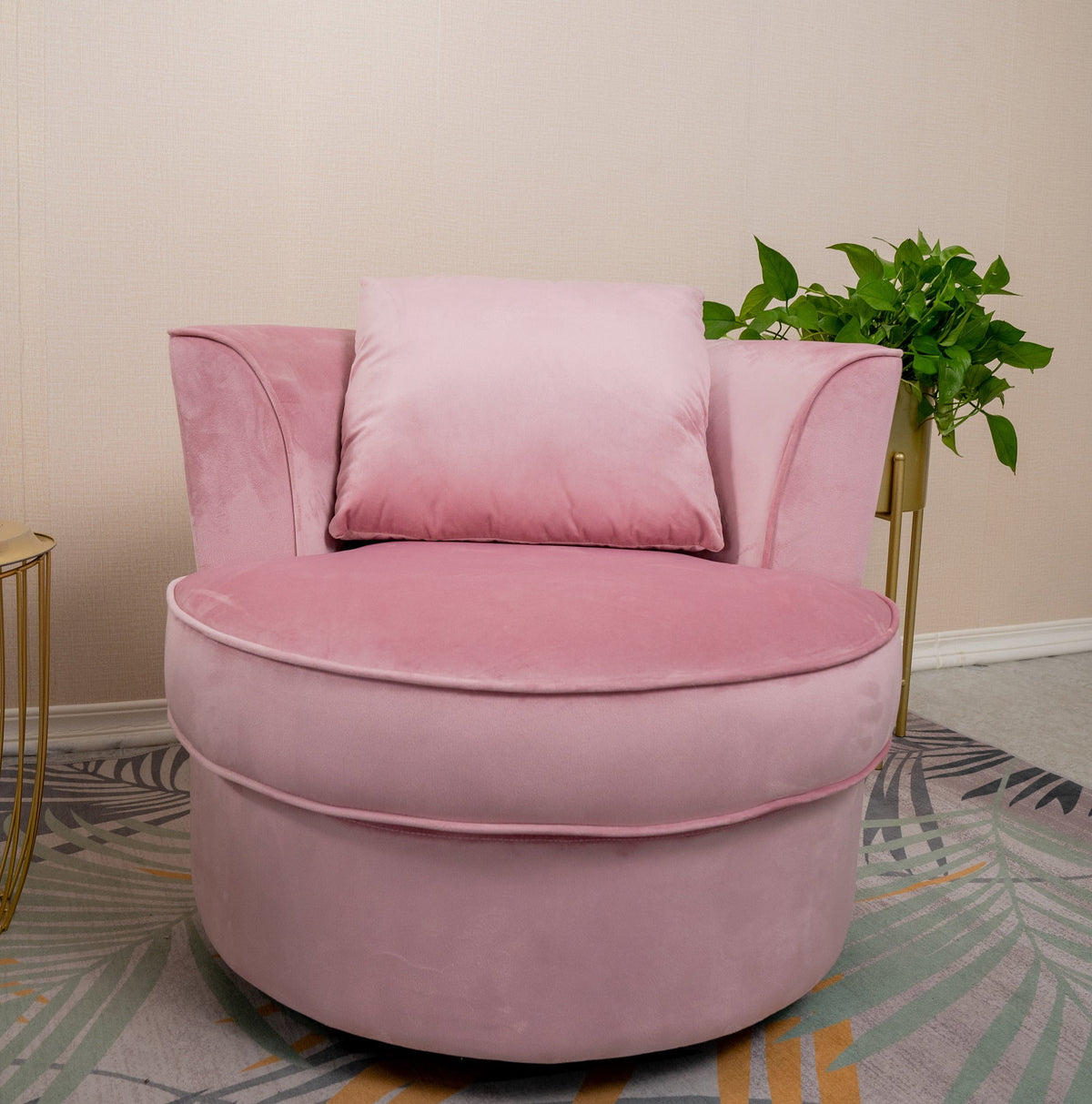 Pink Velvet Swivel Barrel Chair with 1 Pillow D4058