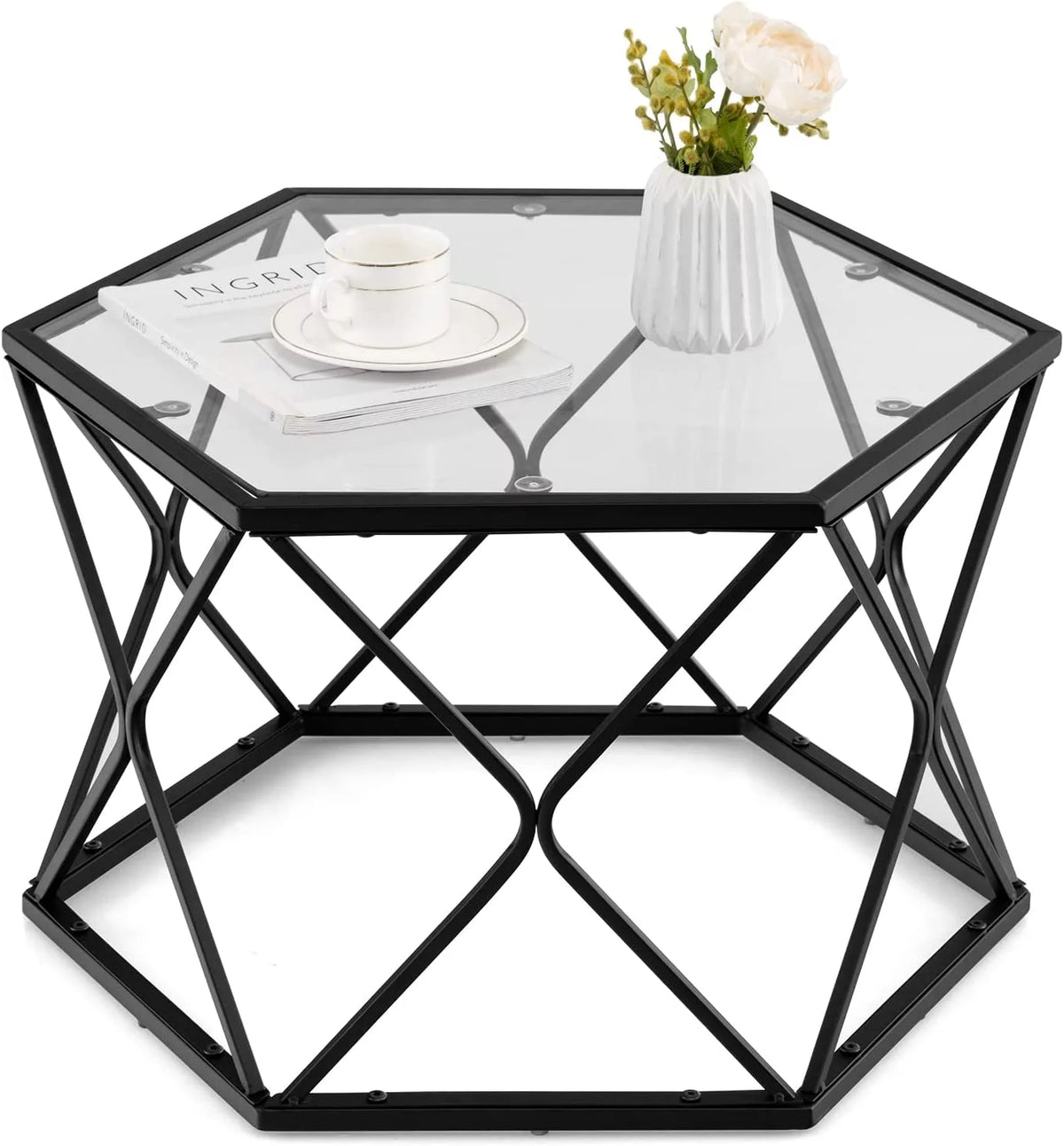 Geometric Glass Coffee Table with Tempered Glass Top and Metal Frame Q1195