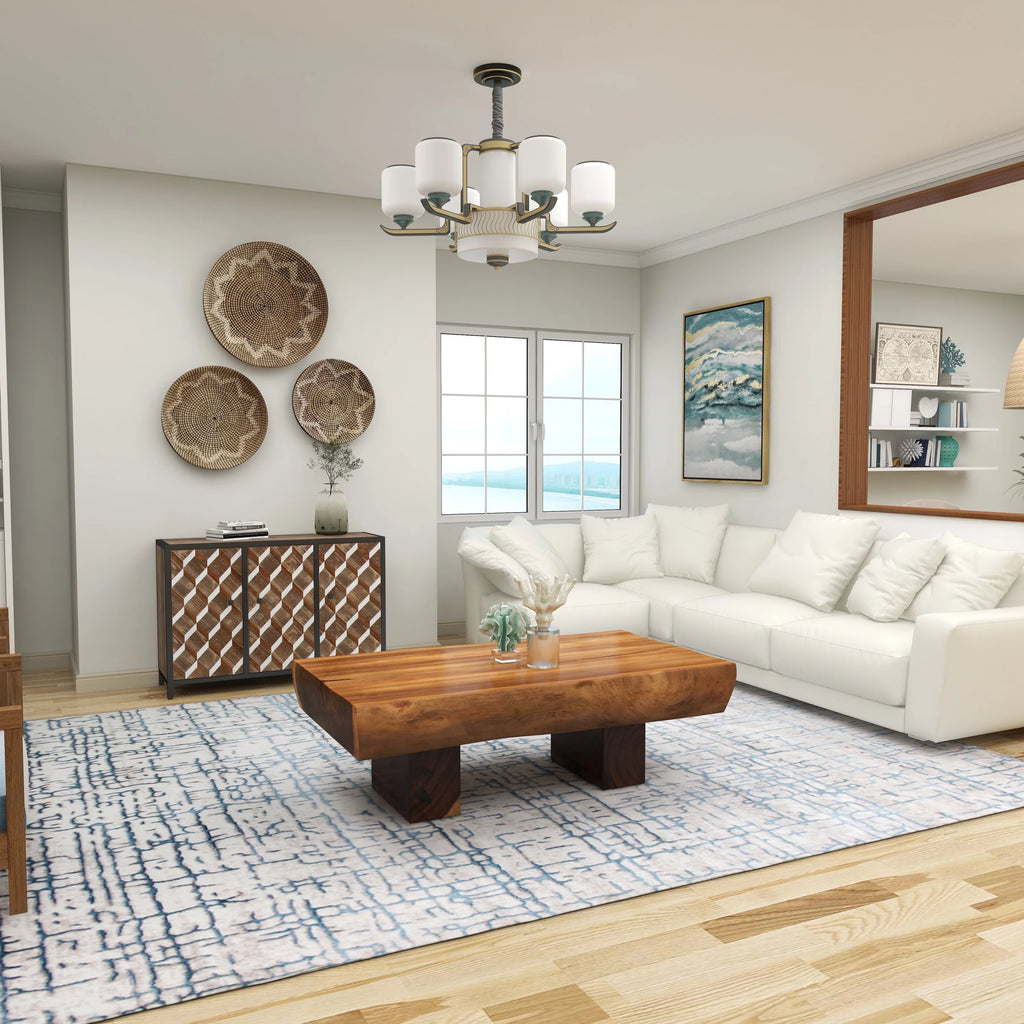 Brown Wood Live Edge Coffee Table with Block Style Base H630455