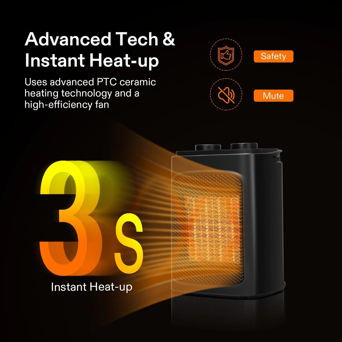 1500W Portable PTC Electric Heater with Adjustable Thermostat W76873
