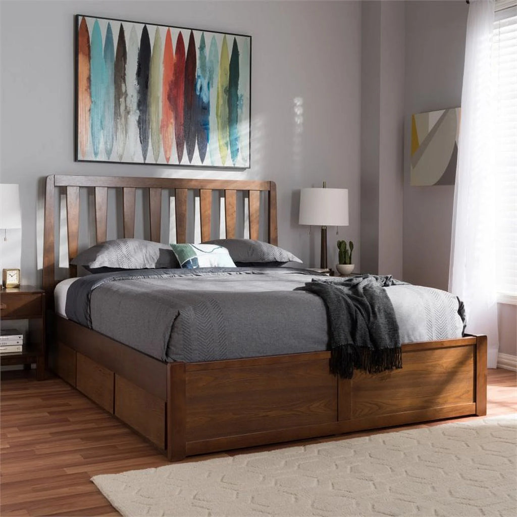 Contemporary Modern Wood Storage Platform Bed King Walnut Brown U69567
