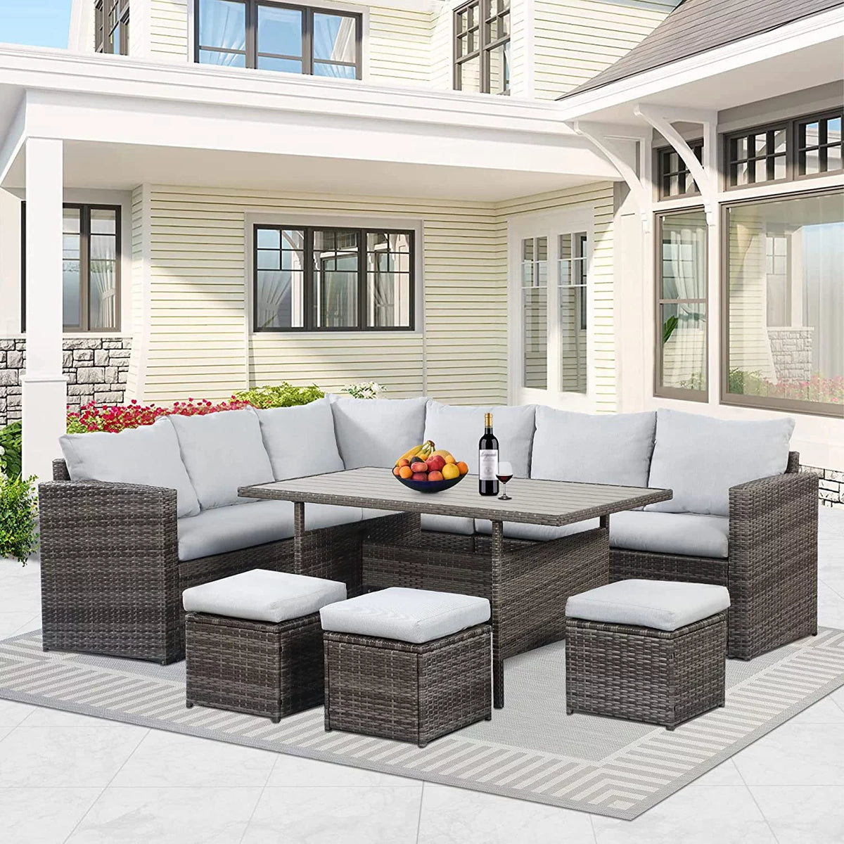 7 Pcs Beige PE Wicker Sectional Sofa Set with Dining Table Z949