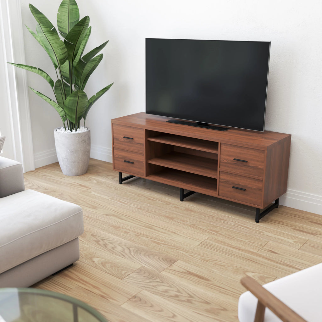 Rustic Wood Grain Three Shelf Four Drawer TV Stand with Metal Legs T9517