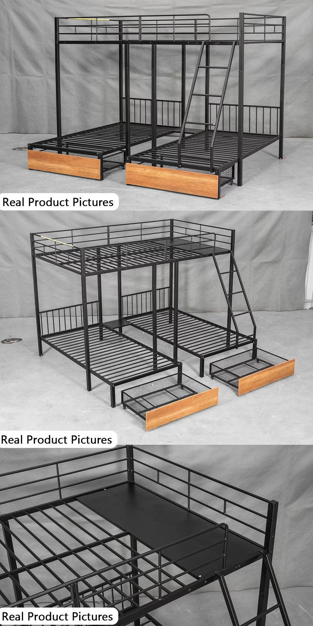 Black Metal Triple Bunk Bed with Storage Drawers Y8482
