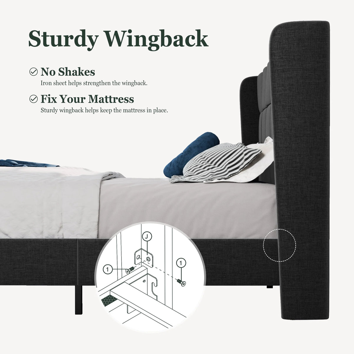 Queen Size Dark Grey Platform Bed with Wingback Headboard B49270