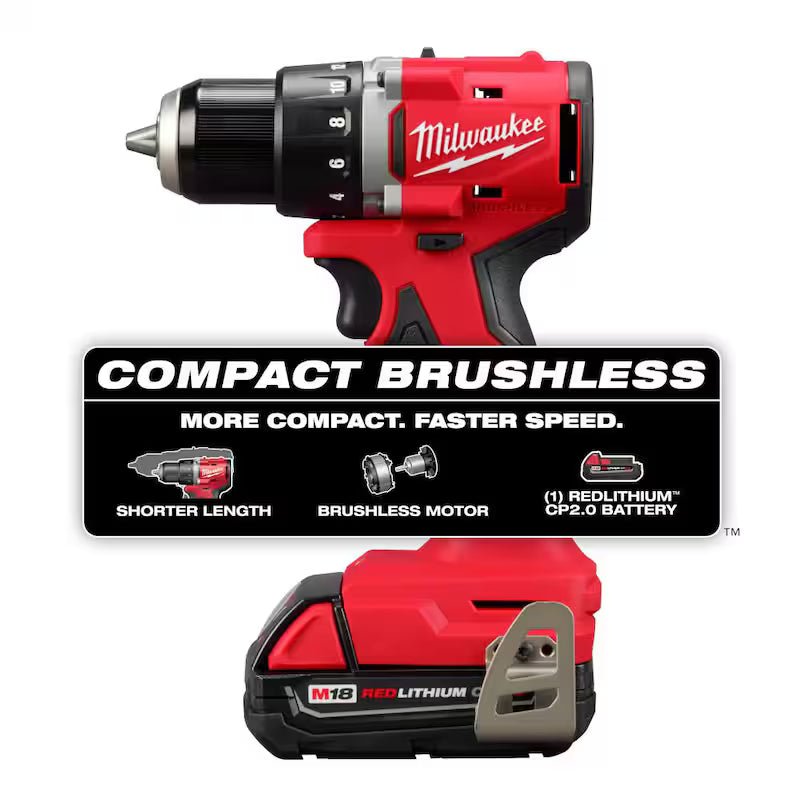 18V Lithium-Ion Brushless Cordless Compact Drill/Driver with Battery, Charger & Bag Q32954