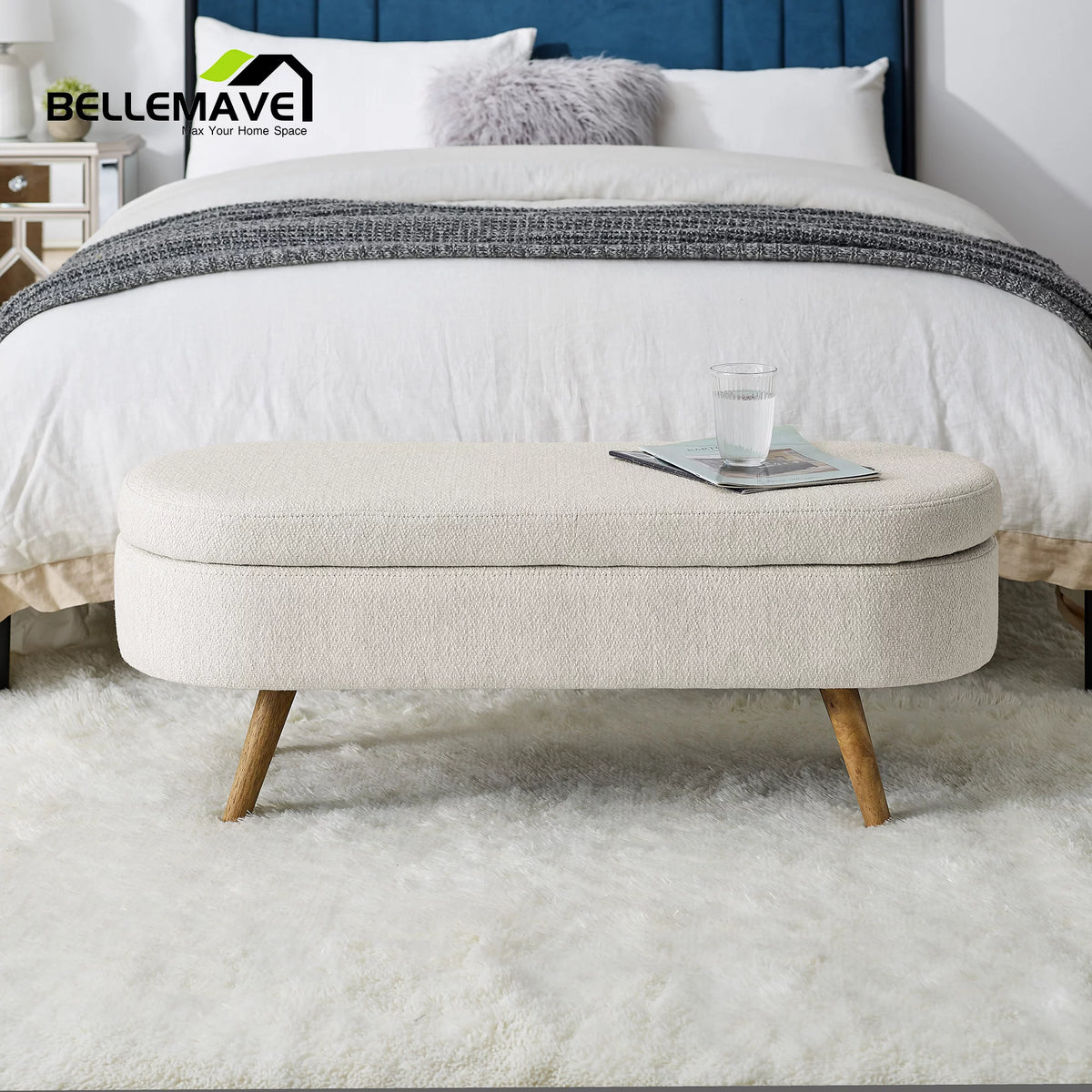Beige Linen Upholstered Storage Ottoman C2315