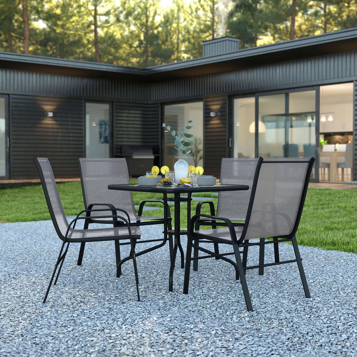 5 Piece Outdoor Patio Dining Set with Tempered Glass Table and 4 Gray Stack Chairs G6222