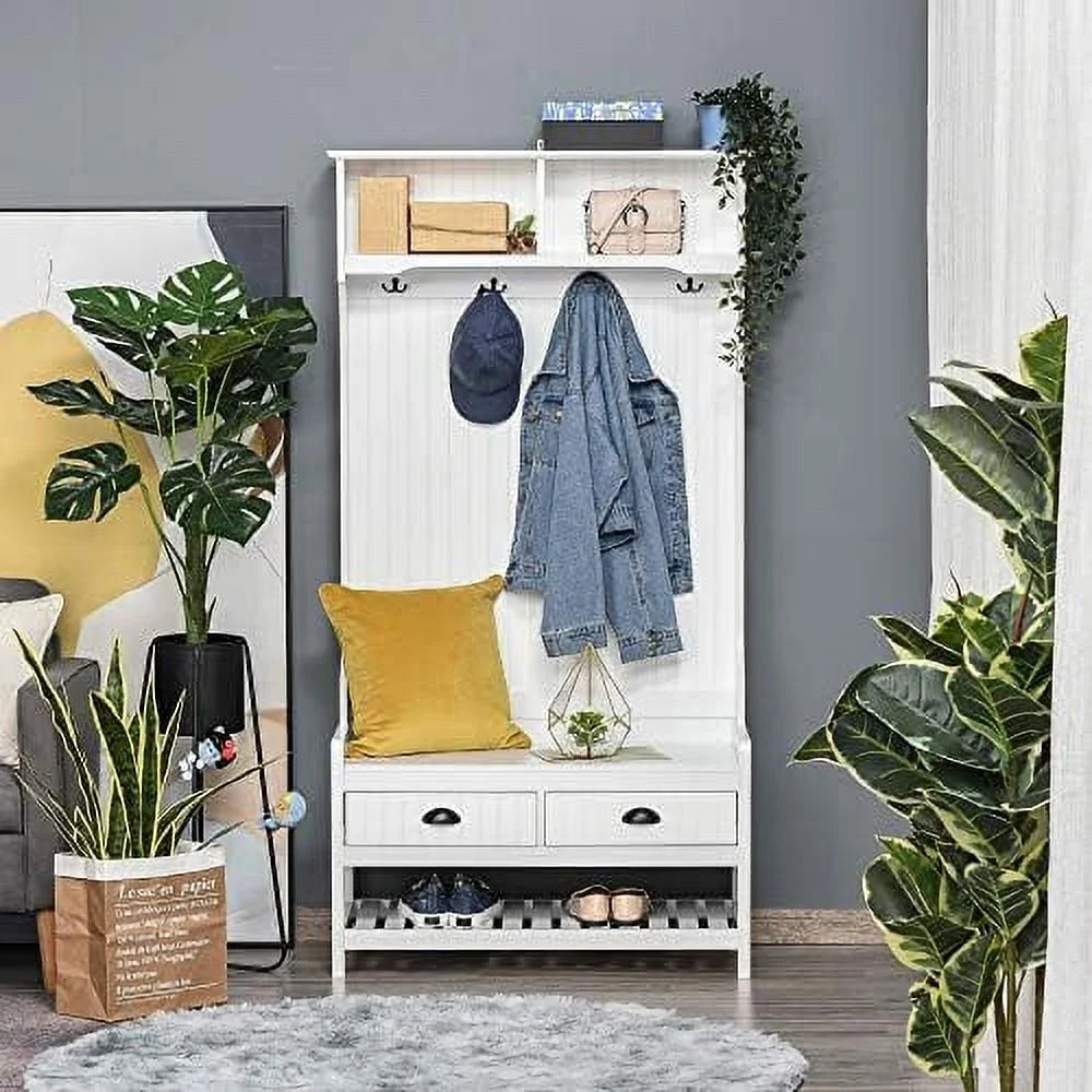 3-in-1 Hall Tree Entryway Bench with Coat Rack Shoe Rack Black Y133268